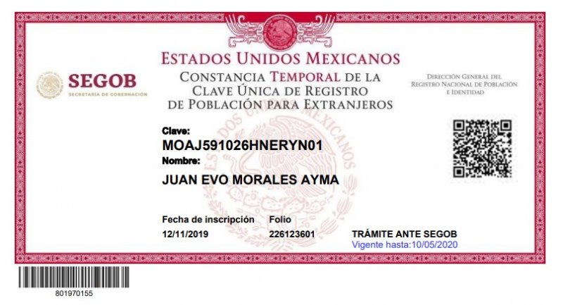 Da el gobierno de México CURP para Extranjeros a Evo Morales