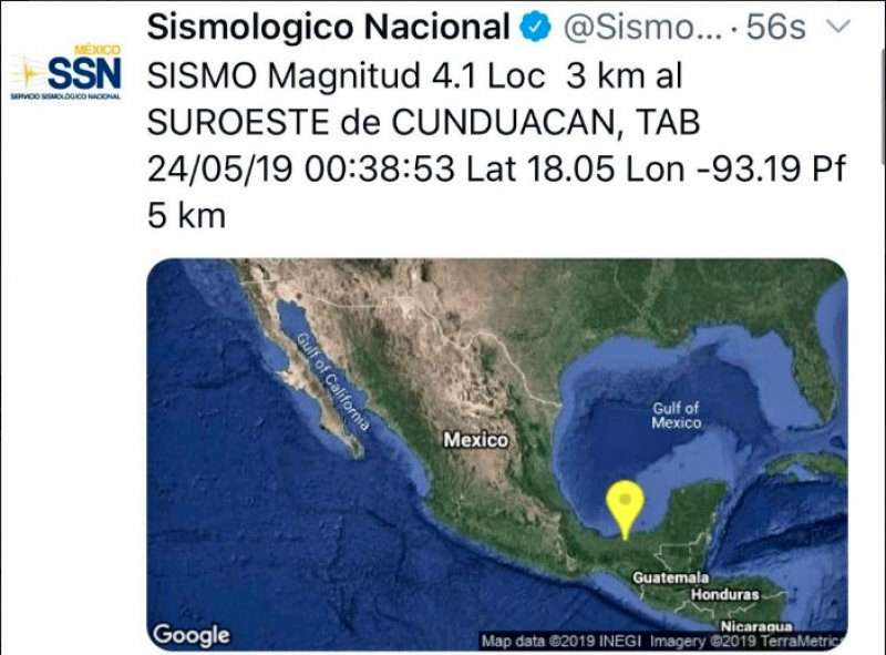 Se registra sismo de 4.1 en Cunduacán; se sintió en Villahermosa 
