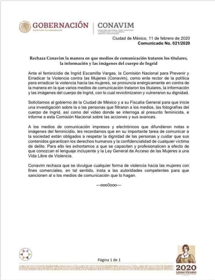 Rechaza CONAVIM la manera en que algunos medios trataron la información e imágenes del cuerpo de Ingrid