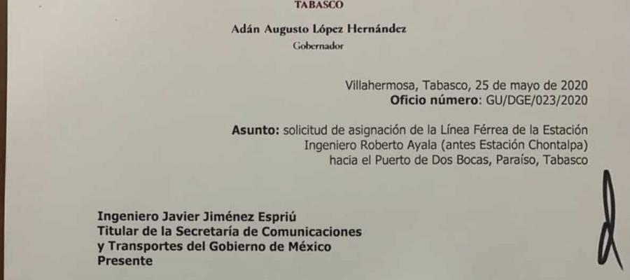 Solicita Gobernador a la SCT autorice construcción y operación del tren Estación Chontalpa a Dos Bocas