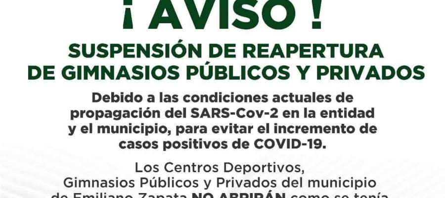 Suspende Emiliano Zapata reapertura de gimnasios