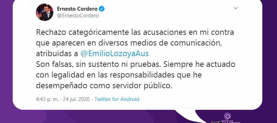 Se deslinda Ernesto Cordero de acusaciones por recibir moches, Son falsas, sin sustento, afirma Se deslinda Ernesto Cordero de acusaciones por recibir moches, Son falsas, sin sustento, afirma