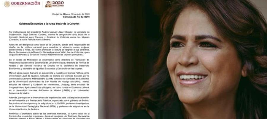 Nombran a María Fabiola Alanís Sámano, nueva titular de la CONAVIM