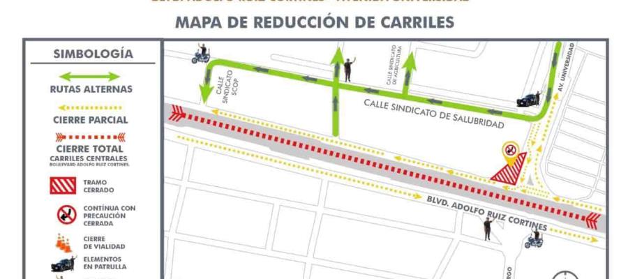 Restringen ahora circulación “continua” de Universidad hacia Ruiz Cortines por trabajos de distribuidor vial