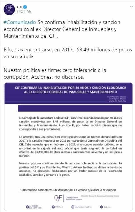 Confirma CJF inhabilitación de 20 años y sanción a ex funcionario que llevaba casi 3.5 mdp en su auto Confirma CJF inhabilitación de 20 años y sanción a ex funcionario que llevaba casi 3.5 mdp en su auto