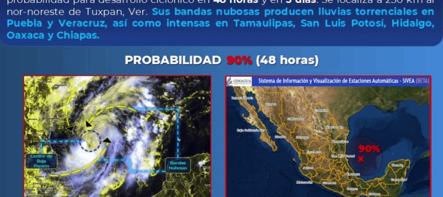 Advierte CONAGUA probabilidad del 90% de desarrollo ciclónico en el Golfo de México en el pronóstico a 48 horas