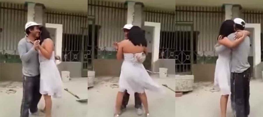 Quinceañera visita a su papá albañil en la obra, para bailar vals con él