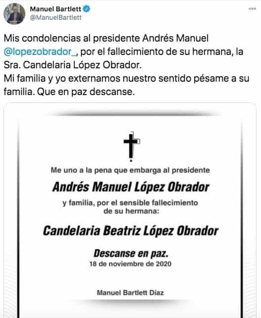 Calderón, Peña Nieto, Delgado, gobernadores y legisladores, lamentan fallecimiento de hermana de AMLO