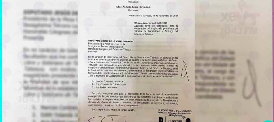 Presenta gobernador al Congreso terna para designar al nuevo presidente del TCyA Presenta gobernador al Congreso terna para designar al nuevo presidente del TCyA