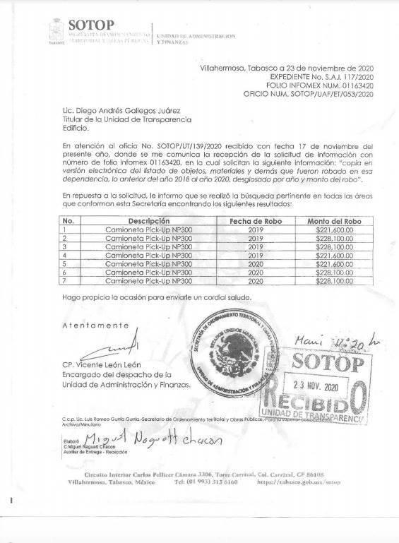 Roban 7 camionetas a la SOTOP durante 2019 y 2020