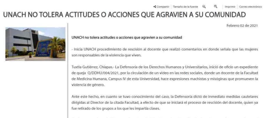Inicia la Universidad Autónoma de Chiapas procedimiento de rescisión a profesor por expresiones misóginas Inicia la Universidad Autónoma de Chiapas procedimiento de rescisión a profesor por expresiones misóginas