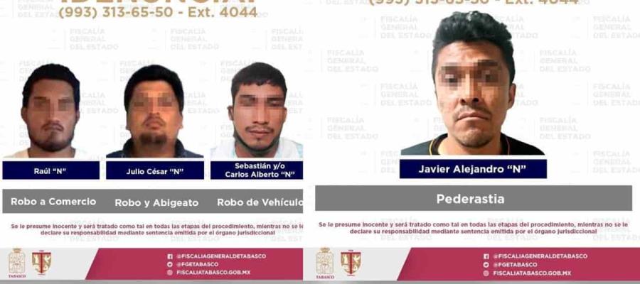 Aprehende FGE a cinco por delitos en Comalcalco, Centla, Centro y Huimanguillo