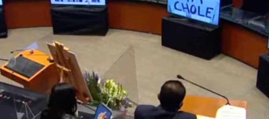 Cartel con el hashtag #YaChole se exhibe en la sesión virtual del Senado