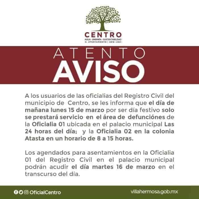 Por ser día festivo Registro Civil hoy solo atenderá áreas de defunciones en Oficialías 01 y 02