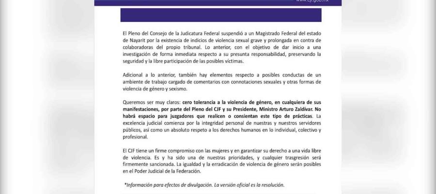 Suspende CJF a magistrado federal de Nayarit por indicios de violencia sexual grave 