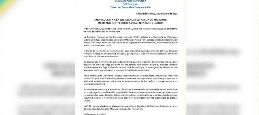 Solicita Derechos Humanos a SRE atender a familia de migrante mexicano que murió durante un asalto en Nueva York 