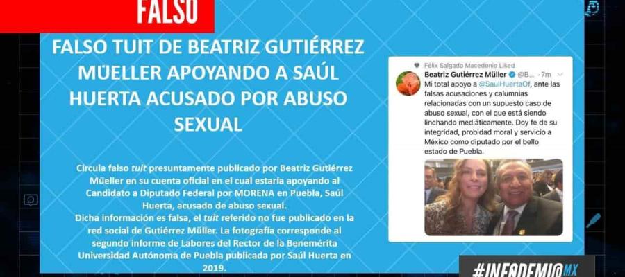 Circula en redes sociales tuit falso atribuido a Beatriz Gutiérrez Müller apoyando al diputado Saúl Huerta