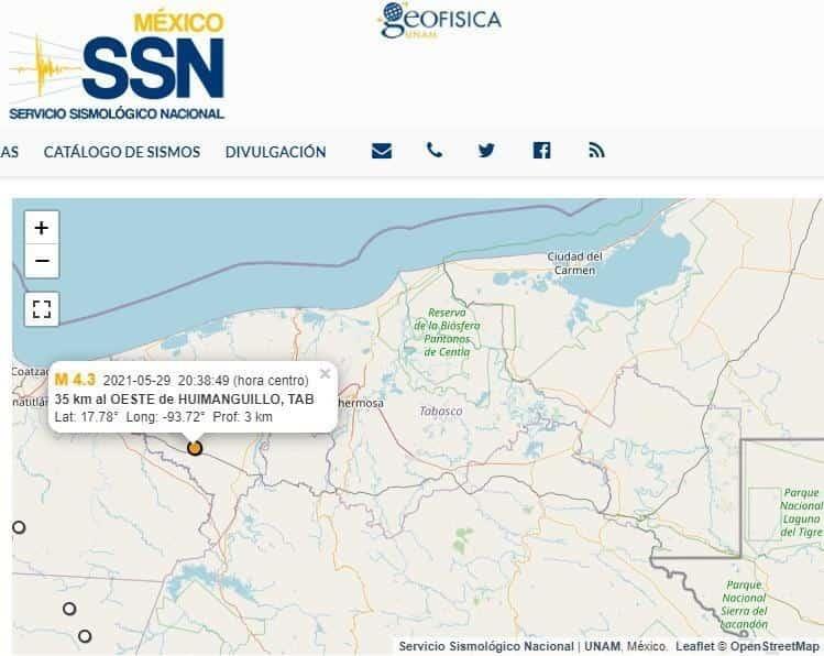 Se registra sismo en Huimanguillo de magnitud 4.3