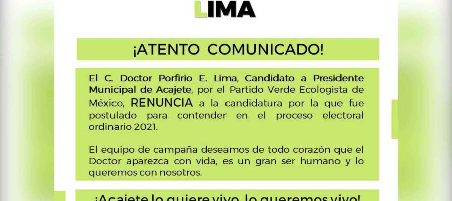 Reportan como desaparecido al candidato a la alcaldía de Acajete, Puebla, Porfirio Lima Reportan como desaparecido al candidato a la alcaldía de Acajete, Puebla, Porfirio Lima
