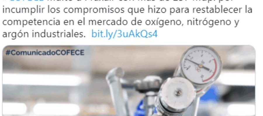 Cofece multa a Praxair con 237 mdp, por prácticas monopólicas en venta de oxígeno Cofece multa a Praxair con 237 mdp, por prácticas monopólicas en venta de oxígeno