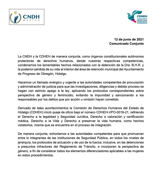 Exigen Derechos Humanos nacional y estatal esclarecimiento de la muerte de doctora en Hidalgo
