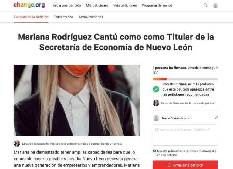 A través de change.org piden que Mariana Rodríguez sea secretaría de Economía en NL