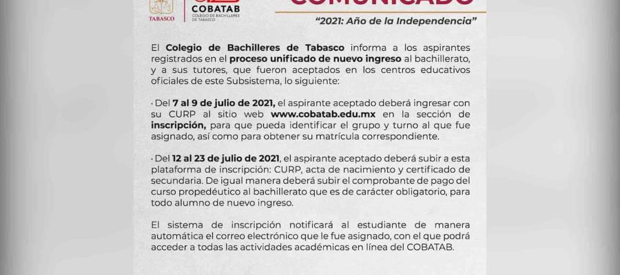 Aspirantes de nuevo ingreso al Cobatab deberán visitar sitio web del subsistema para identificar grupo y turno asignado