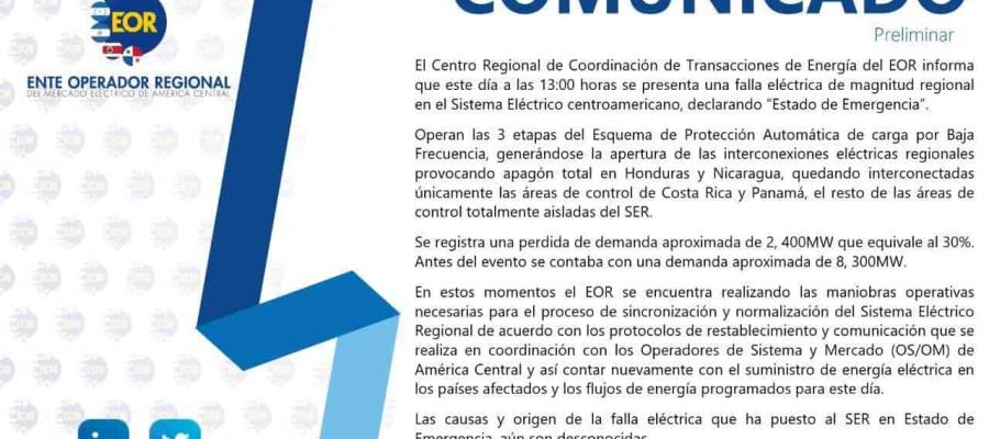 Falla eléctrica deja sin energía por algunas horas a Honduras, Nicaragua y El Salvador