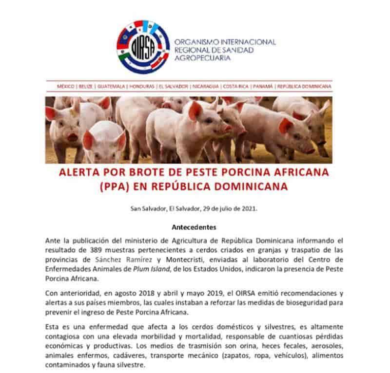 Emiten alerta a México y otros países por brote de fiebre porcina africana en República Dominicana Emiten alerta a México y otros países por brote de fiebre porcina africana en República Dominicana