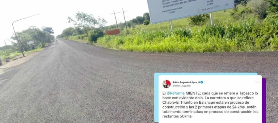 Revira AALH al Reforma por nota de construcción de carretera en El Triunfo, Balancán; acusa al diario de dolo