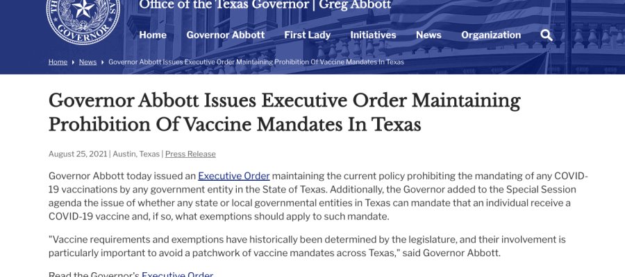 Emite gobernador de Texas orden ejecutiva para que no sea obligatorio vacunarse contra el COVID-19