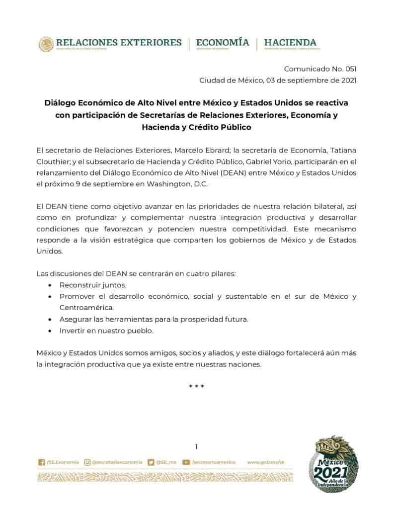 Reactivan México y EE. UU. Diálogo Económico de Alto Nivel; participarán SRE, SE y SHCP Reactivan México y EE. UU. Diálogo Económico de Alto Nivel; participarán SRE, SE y SHCP