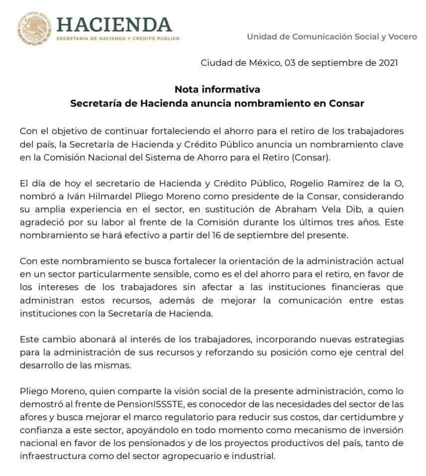 Nombra Hacienda a Iván Pliego Moreno como nuevo presidente de la Consar