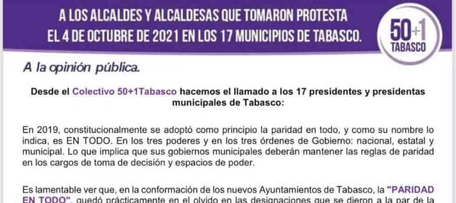 Lamenta colectivo 50+1 en Tabasco, que ediles entrantes no hayan cumplido con la paridad en direcciones administrativas