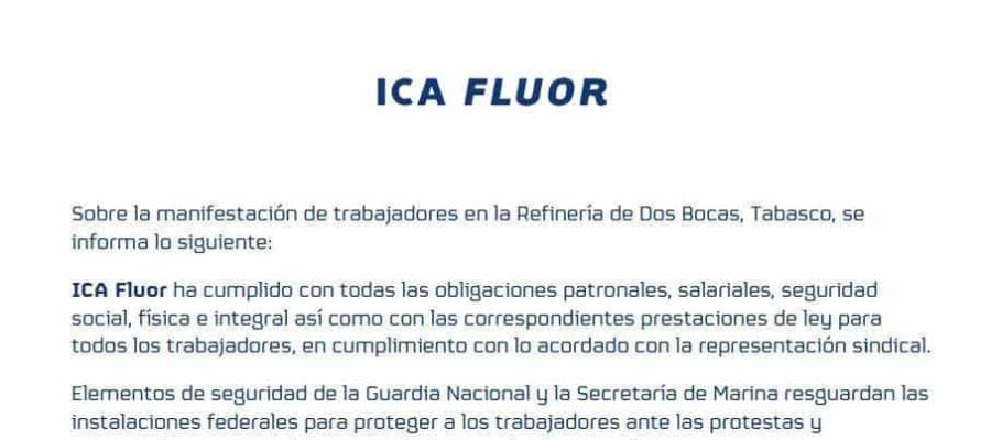 Asegura ICA Fluor que ha cumplido con obligaciones patronales Asegura ICA Fluor que ha cumplido con obligaciones patronales