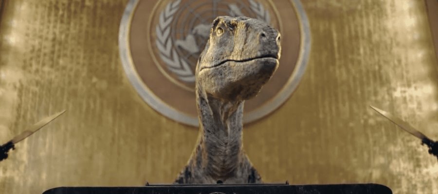 Dinosaurio advierte desde la ONU que la humanidad se dirige a su propia extinción