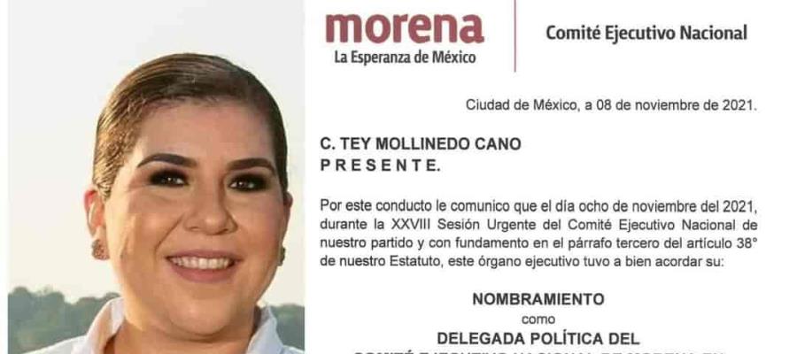 Designa CEN de Morena a Tey Mollinedo, como nueva delegada política nacional en Tabasco