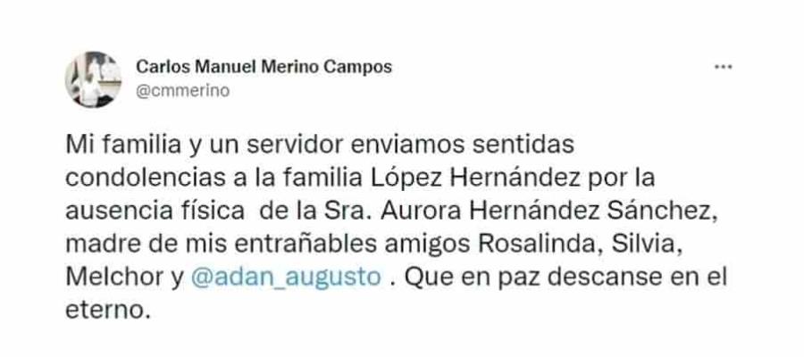 Envía CMM condolencias por fallecimiento de la señora Aurora Hernández Sánchez