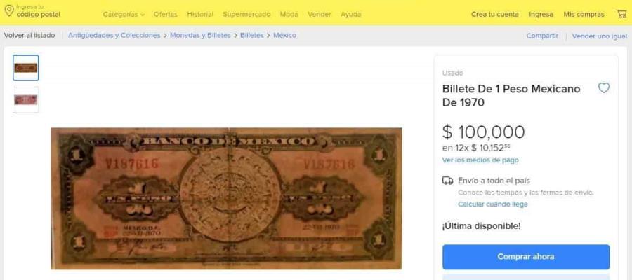 Billete fabricado en 1970 de un peso se vende hasta en 100 mil pesos