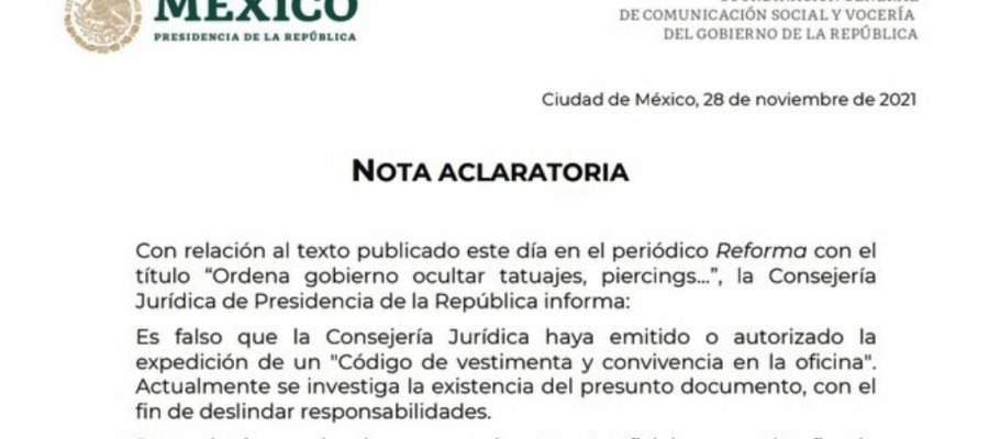 Falso que Consejería Jurídica haya prohibido tatuajes y piercings en código interno: Gobierno federal