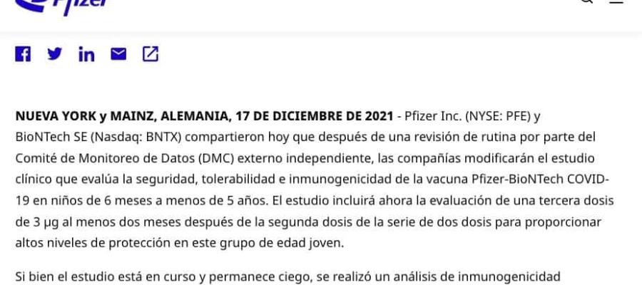 Probarán Pfizer/BioNTech dosis de refuerzo en menores de 5 años