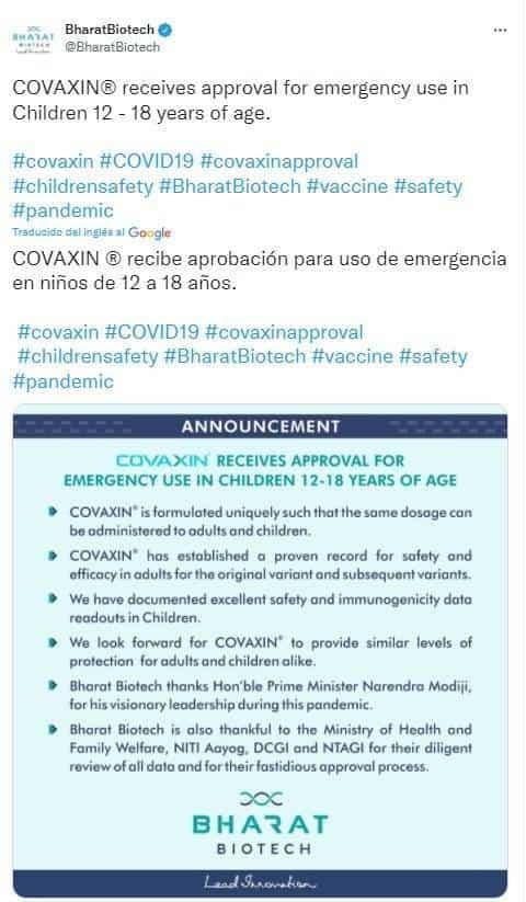 Obtiene Bharat Biotech autorización de uso de emergencia de la vacuna anticovid Covaxin para niños de 12 a 18 años