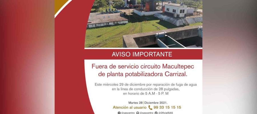 Suspenderán servicio de agua en circuito Macultepec de la planta Carrizal 