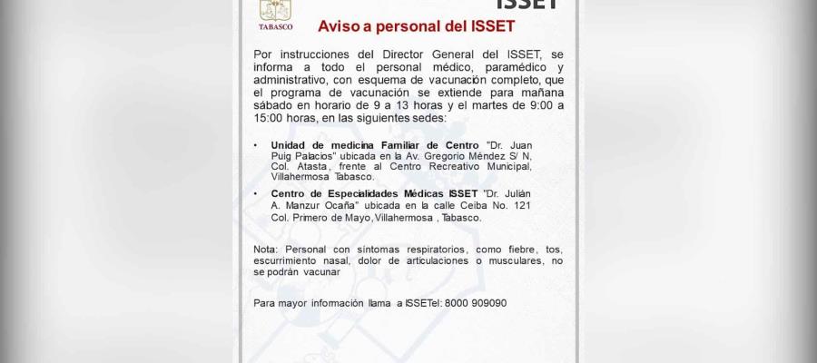 Amplía ISSET fechas para aplicación de vacuna de refuerzo a médicos, paramédicos y administrativos