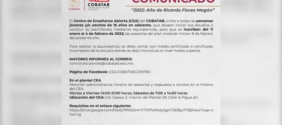 Convoca COBATAB a jóvenes a iniciar o concluir sus estudios mediante equivalencias