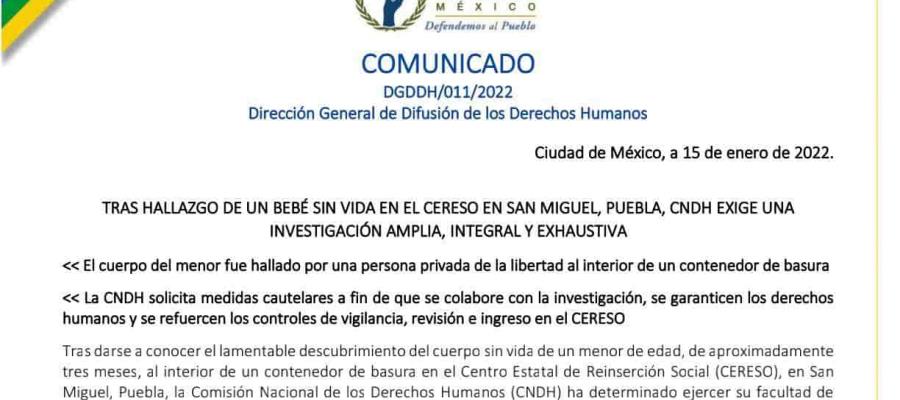 Investiga CNDH hallazgo de bebé sin vida en contenedor de basura en penal de Puebla