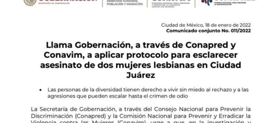 Pide Segob esclarecer asesinato de dos mujeres lesbianas en Ciudad Juárez