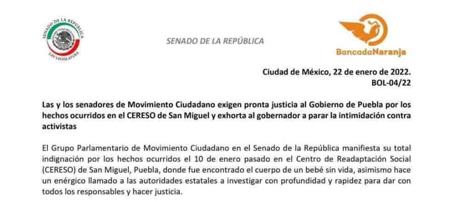 Senadores de MC exigen al Gobierno de Puebla justicia pronta en caso de bebé muerto hallado en penal