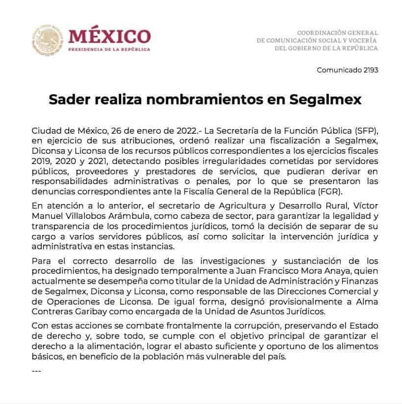 Separa Segalmex a funcionarios involucrados en irregularidades