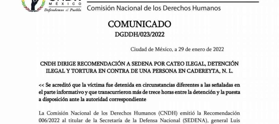 Emite CNDH recomendación a Sedena por caso de persona detenida de manera arbitraria en 2011 en NL